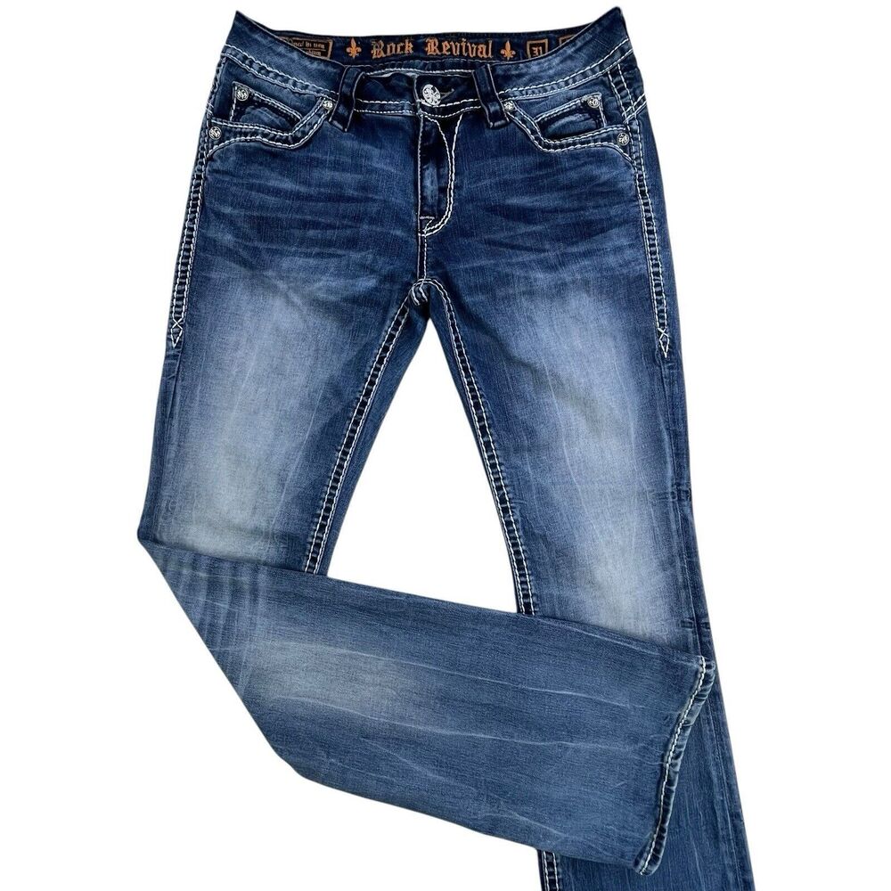 Rock Revival Boot Cut Jeans Womens 31x35 Blue Johanna Embroidered Flap Pocket